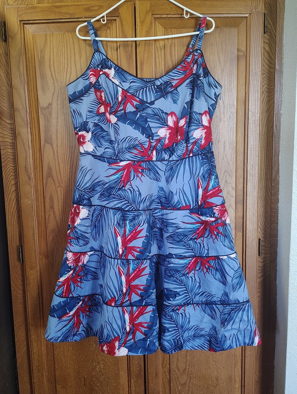 City Chic Love Hawaii Blue & Red Piped Tropical Print Flare Dress Size S/16